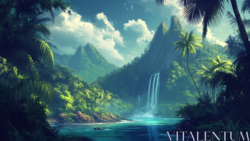 Lush tropical valley with twin waterfalls and sunlit peaks.