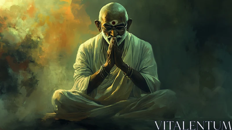 Elderly sage in white robes meditating in luminous haze.