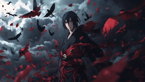 Dark anime swordsman stands amid ravens and red petals.