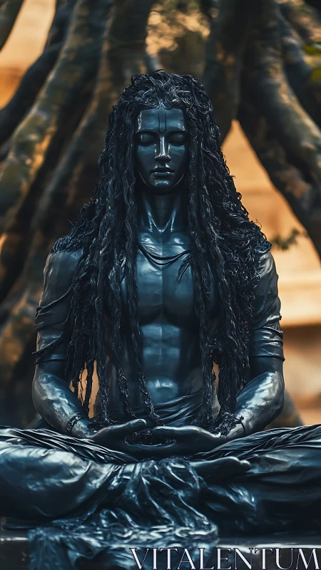 Monochrome meditative statue rendered in hyperreal metallic detail