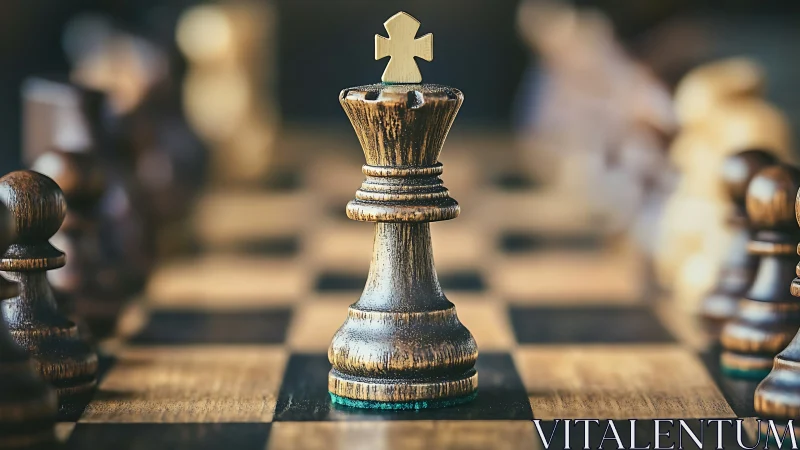 Weathered wooden chess king dominates shallow focus board