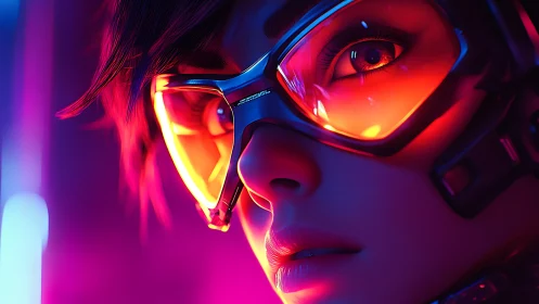 Close cybernetic portrait with neon visor reflections.
