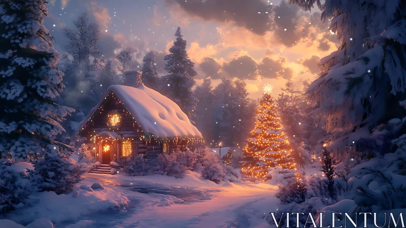 Cozy winter cabin and glowing Christmas tree at sunset.