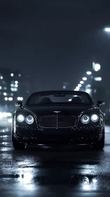 Nocturnal grand tourer frontal study in wet urban gloss.