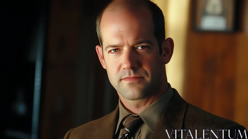 Steady gaze sharpens the quiet weight of a suited resolve