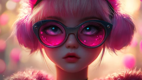 Digital painting portrait of pink-haired girl with neon glasses.