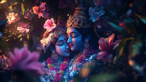 Digital rendering of two blue figures with floral and golden ornamental elements.