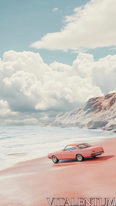Pink classic car on pastel beach under bright clouded sky.