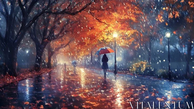 Digital painting of rainy autumn parkway with reflective path.