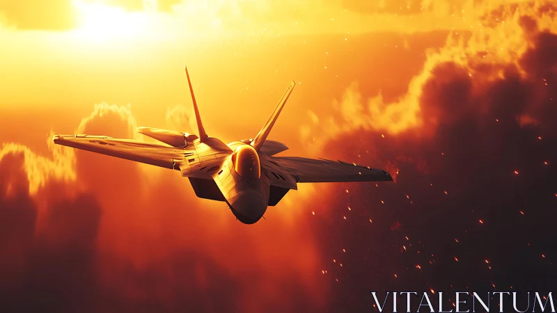 Stealth fighter jet cutting through blazing sunset clouds.