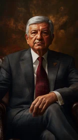 Stoic elder in a crimson tie, seated in quiet authority.