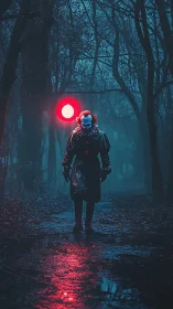 Creepy clown figure walking alone on a wet forest path.