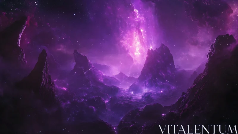 Purple nebula sky illuminates jagged alien mountain landscape