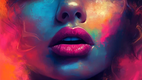Luminous lips in a storm of neon dreams and soft color haze.