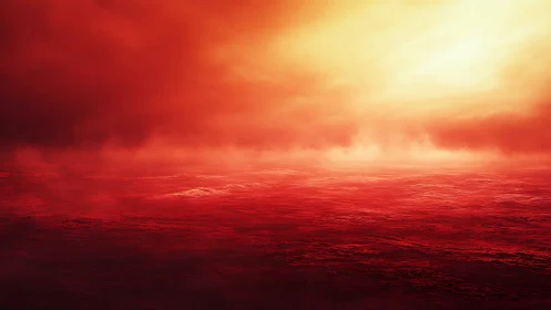 Red atmospheric seascape under intense diffuse sunlight.