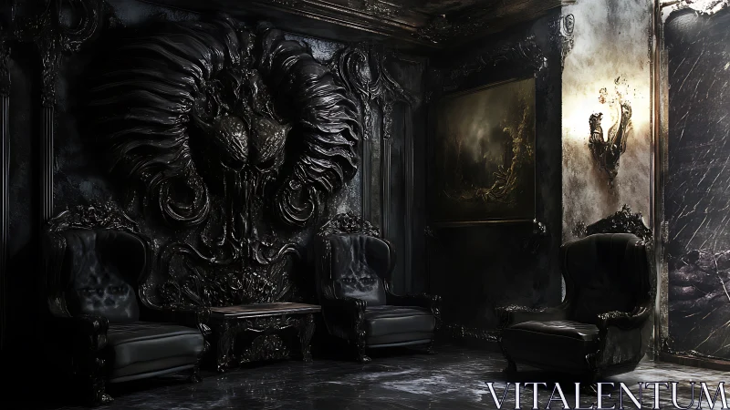 Moody gothic lounge with dark chairs and baroque carvings.