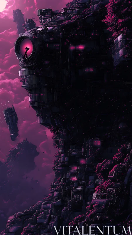 Silhouetted explorer scans cybernetic cliffside megastructure.