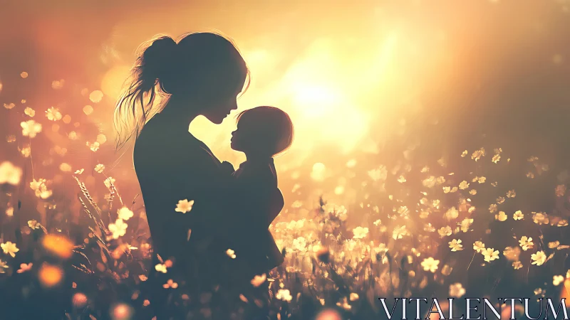 Mother and Child Glowing in Golden Flower Fields.