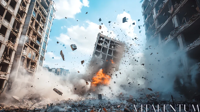 Urban tower collapses in a storm of dust and bright flame.