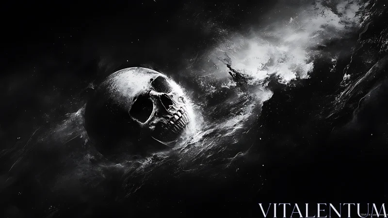 Haunting skull adrift in swirling cosmic darkness.