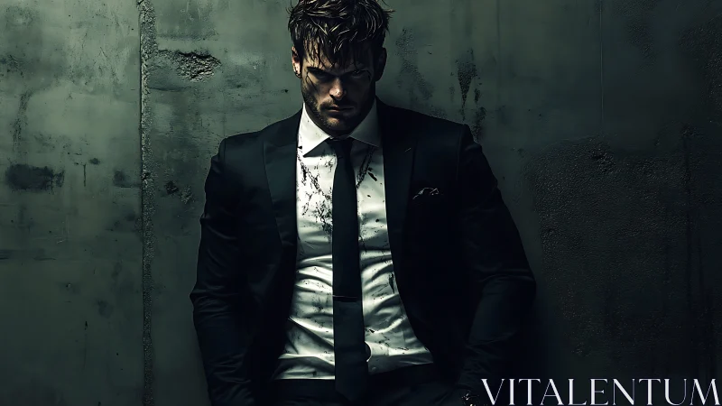 Gritty suited man leans against stained concrete wall.