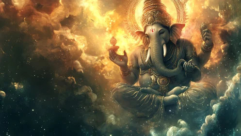 Celestial Lord Ganesha meditates amid radiant cosmic clouds