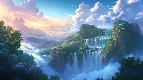 Digital landscape depicts tiered waterfalls and dense clouds