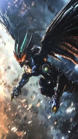 Armored cybernetic winged warrior in dynamic descent.