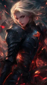 Armored warrior turns amid swirling embers and stormfire