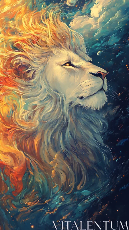 Majestic cosmic lion gazes upward through swirling starlight
