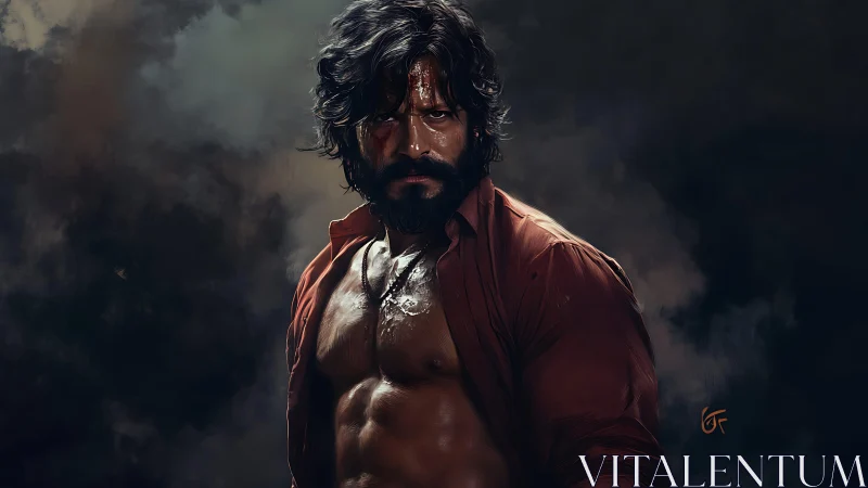 Brooding warrior in stormy light digital character portrait.