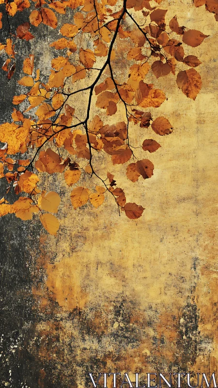 Autumn beech branch overlaying textured ochre wall surface