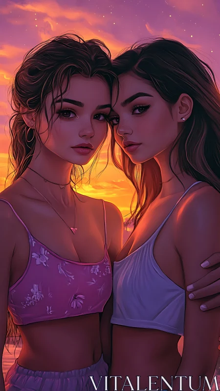Two young women close together at sunset beach scene.