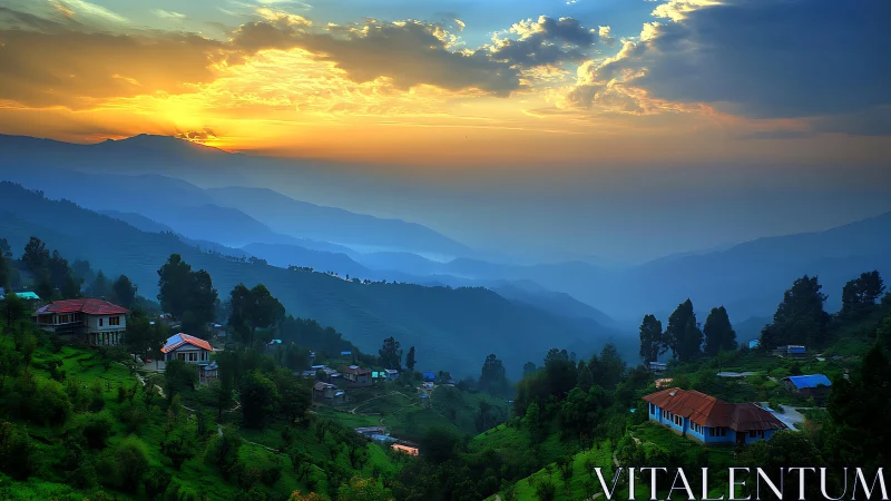 Mountain valley village under layered blue ridges at sunset