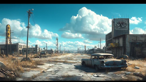 Deserted highway town holds rusting car under bright sky