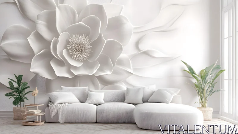 Modern living room with giant white floral wall art and minimal decor.