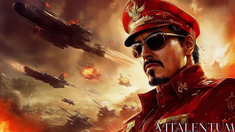 Digital painting of war general amid cinematic sky battle.