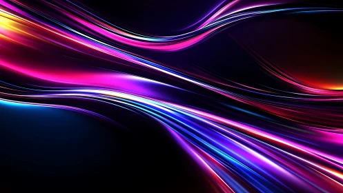 Curved neon light streaks on dark abstract digital background.