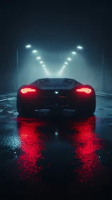 Neon rear-view supercar in cinematic rainy night tunnel composition.