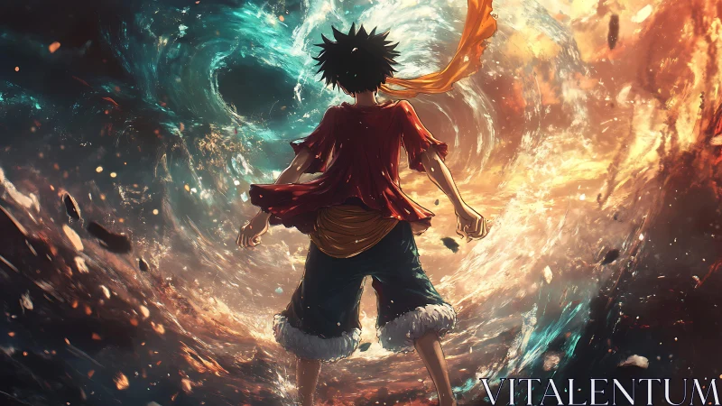 Lone anime hero confronts swirling cosmic storm of fire and sea