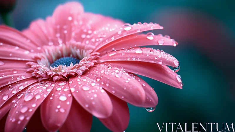 Pink daisy macro with dewdrops on petals in soft focus.