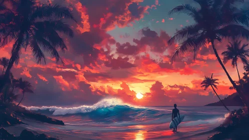 Vibrant tropical shoreline sunset with silhouetted surfer figure