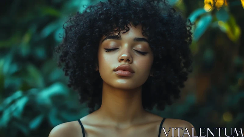 Quiet garden portrait of calm curly haired daydreamer.