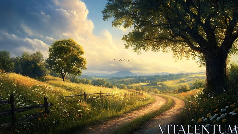 Sunlit country lane winding through peaceful golden meadows.