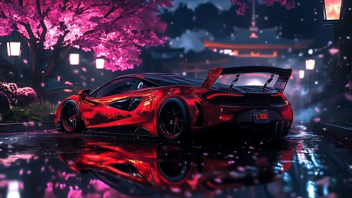 Red supercar under sakura night lights in neon street.