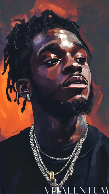 Stylized portrait of man with chains against orange backdrop.