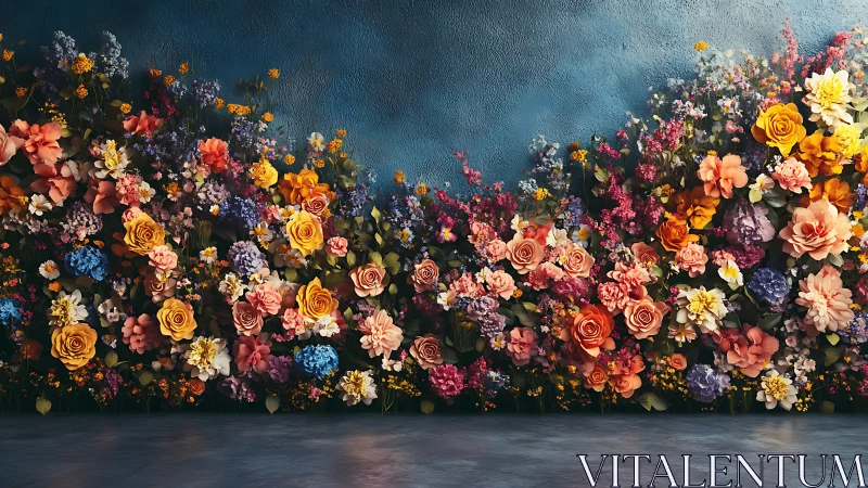 Floral Wall Installation with Multicolored Blooms Against Blue Background