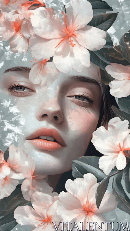 Dreaming muse entwined with pale hibiscus whispers.