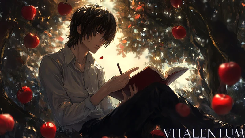 Solitary writer sketches thoughts beneath glowing apple boughs.