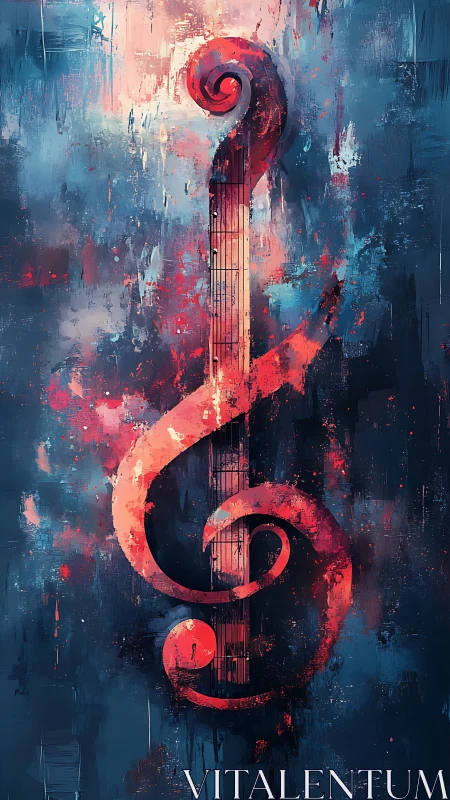 Abstract treble clef and violin silhouette in red and blue haze